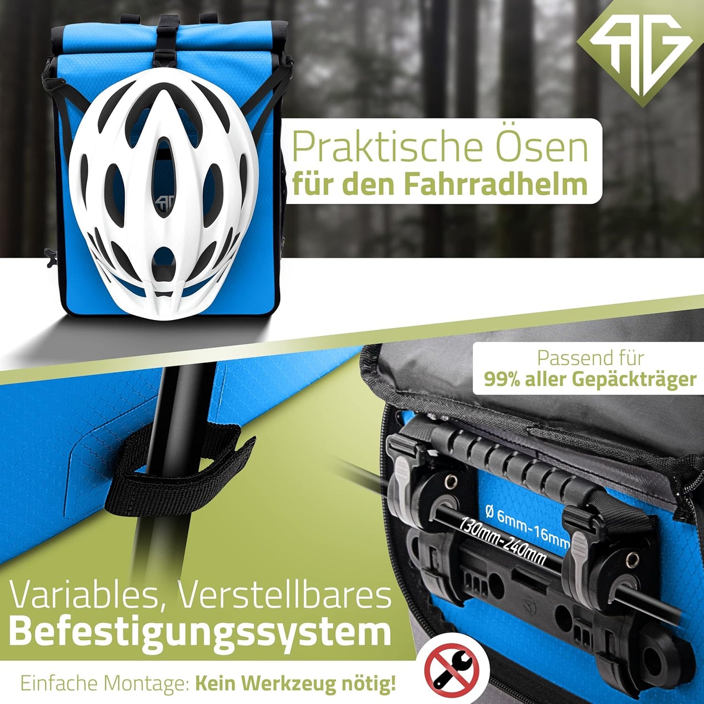 RADGEIST 3in1 fietstas voor bagagedrager - fietsrugzak - draagtas - schoudertas - met laptopvak - waterdicht - 25L - blauw
