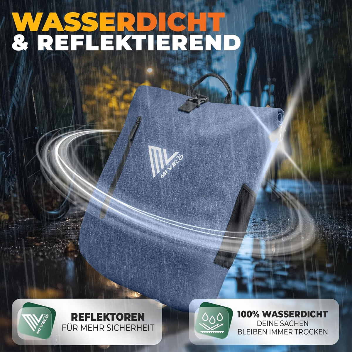 MIVELO 3-in-1 Waterdichte Fietstas met Laptopvak en Slot - PVC-vrij - Jeansblauw - 20 L