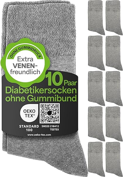 HELDENWERK Diabetische sokken voor heren en dames, 10 paar, diabetici-sokken zonder elastische band en naad van 97% katoen, extra brede gezondheidssokken met comfortabele band- Maat 39-42 - Grijs