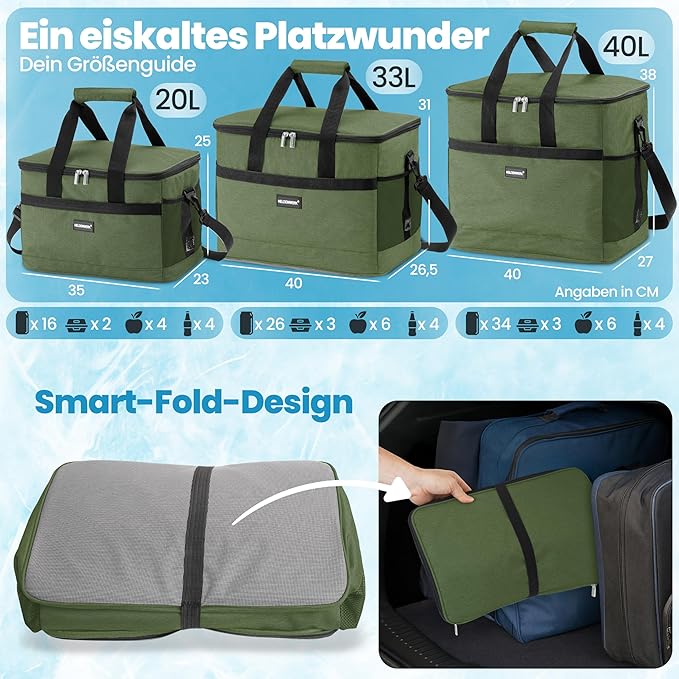 HELDENWERK Grote Opvouwbare Koeltas – Koelbox met tot wel 12 uur koelvermogen, lekvrij en waterdicht – Thermische tas, picknicktas, lunchtas, geïsoleerde tas met 7 compartimenten – versterkte bodem - Olijf groen