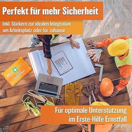 HELDENWERK Eerste hulp doos versie 2026 [DIN 13157:2021] incl. wandhouder & 5 x stickers | EHBO-koffer voor kantoor, huishouden en horeca - bedrijf verbanddoos gevuld, saniteitskast