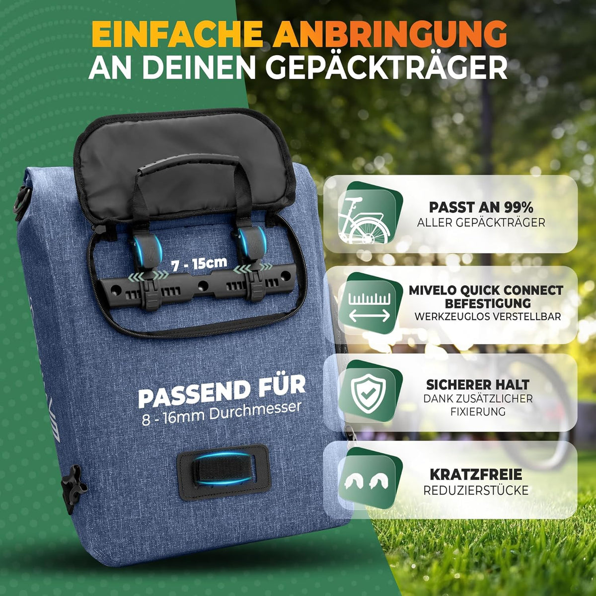 MIVELO 3-in-1 Waterdichte Fietstas met Laptopvak en Slot - PVC-vrij - Jeansblauw - 20 L