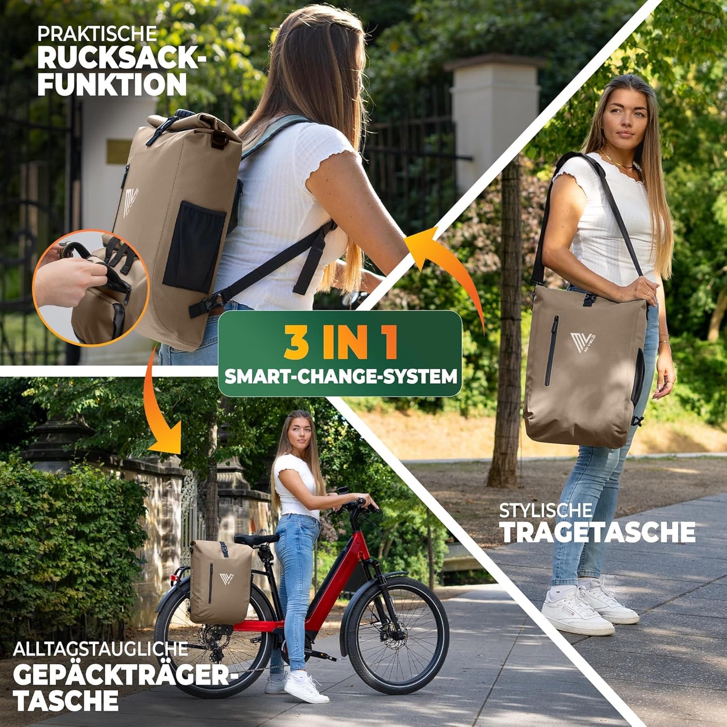 MIVELO 3-in-1 Waterdichte Fietstas met Laptopvak en Slot - PVC-vrij - Zandbeige - 20 L