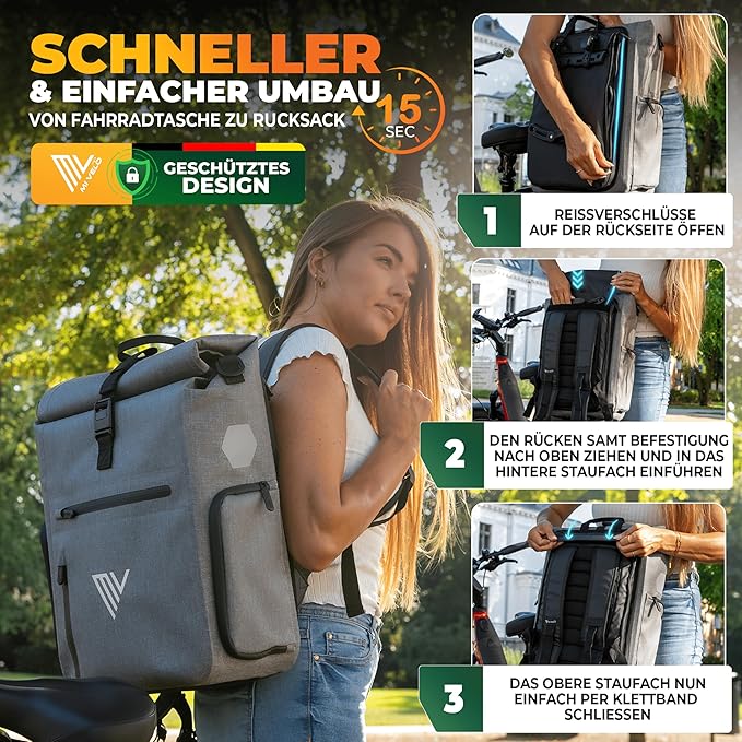 MIVELO - 3-in-1 Fietstas & Rugzak - 25 l Inhoud - TPU - Grijs - Met Laptopvak & Schouderband - Voor Bagagedrager
