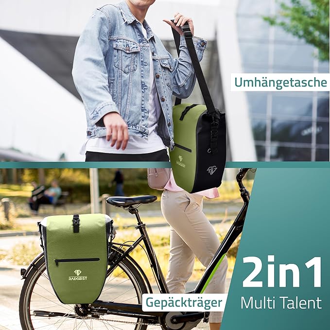 RADGEIST fietstas voor bagagedrager set - 2X tas voor fietsbagagedrager - bagagedraagtas waterdicht & schoudertas - fietstas met reflectoren