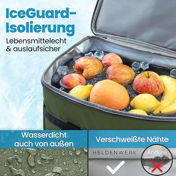 HELDENWERK Grote Opvouwbare Koeltas – Koelbox met tot wel 12 uur koelvermogen, lekvrij en waterdicht – Thermische tas, picknicktas, lunchtas, geïsoleerde tas met 7 compartimenten – versterkte bodem - Olijf groen