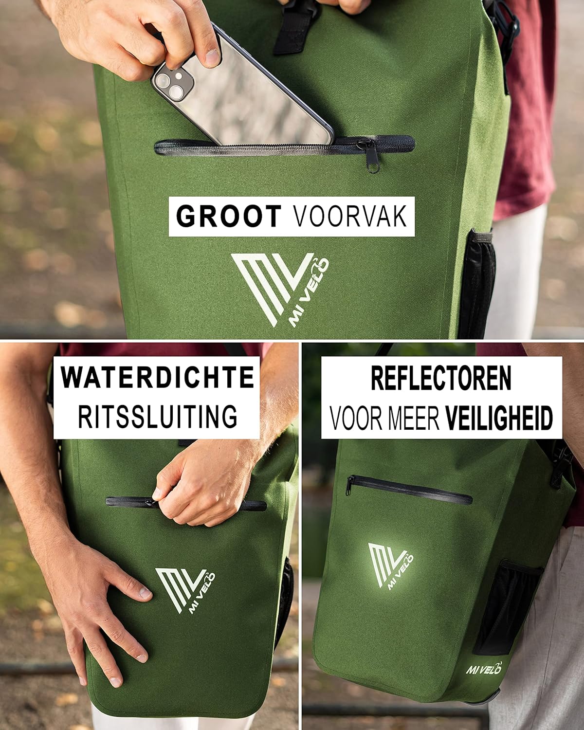 MIVELO Waterdichte Fietstas 3-in-1 – Met Laptopvak & Schouderriem – 25L – Olijfgroen