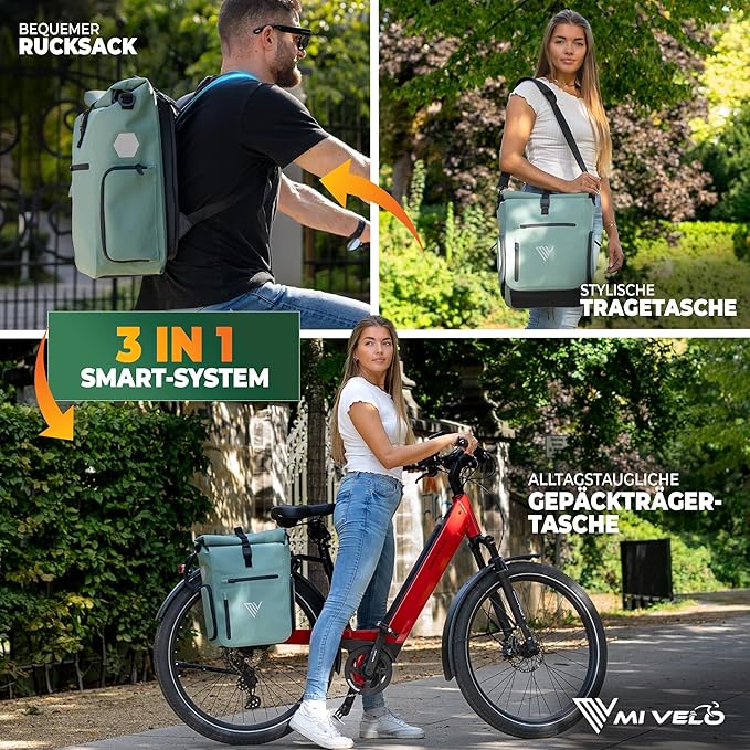 MIVELO – Fietstas – 3-in-1 Rugzak & Schoudertas – Waterdicht TPU – 25 liter – Mint