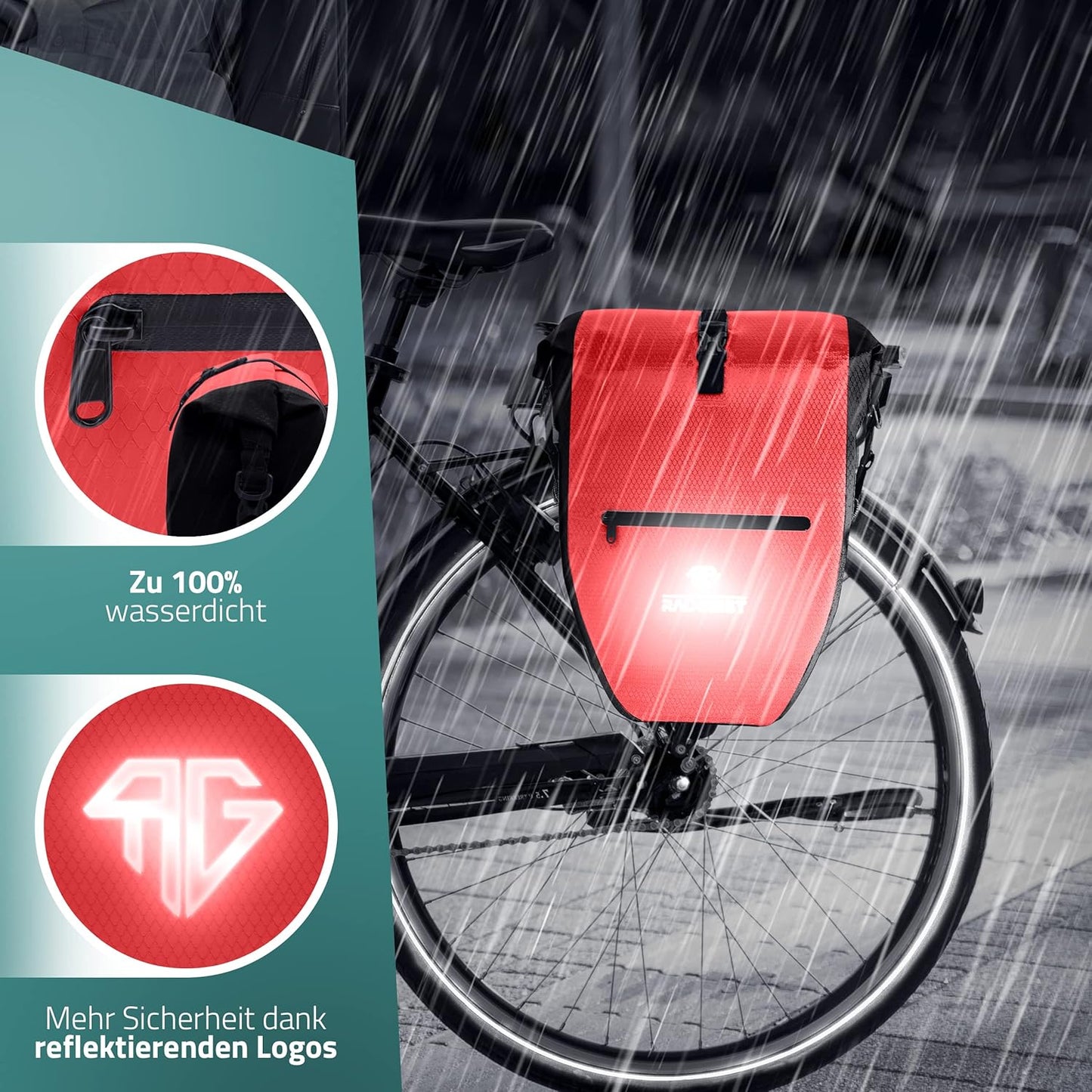 RADGEIST - Fietstas Bagagedragertas - 28 L - Rood Zeildoek - Waterdicht met Laptopvak - Sportief & Functioneel - Inclusief Schouderriem & Reflectoren