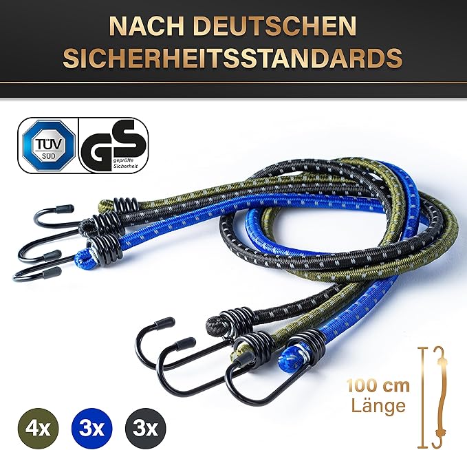 Heldenwerk Set van 10 rubberen spanbanden met haken – TÜV/GS-getest, elastisch, 30-100 cm, voor transport, camping en veiligheid