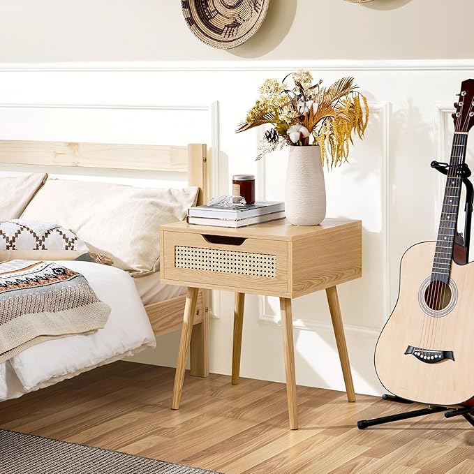 Yaheetech Nachtkastje met Rotan Lade – Lichtbruin – 48,5 x 41 x 57,5 cm – Houten Poten