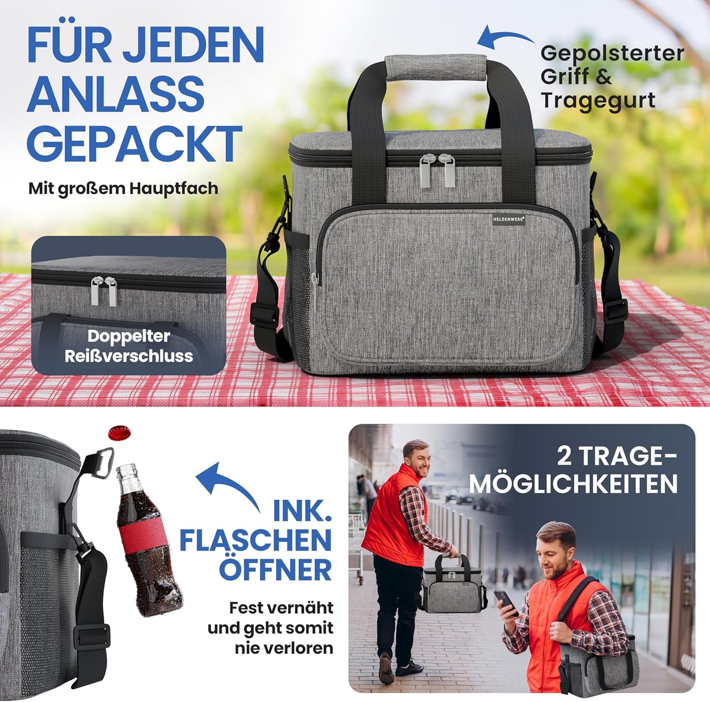 HELDENWERK Opvouwbare Koeltas 20L – Geïsoleerde Koelbox – Lekvrij & Waterdicht – Thermische Picknick- en Lunchtas - Donkergrijs