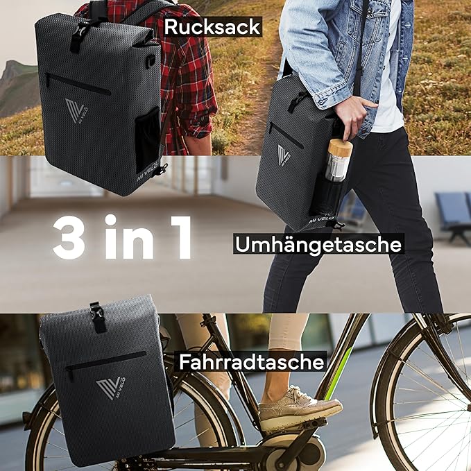 MIVELO 3-in-1 Fietstas – Rugzak & Schoudertas – Waterdicht – Inclusief Laptopvak – 20L – Zwart Reflecterend