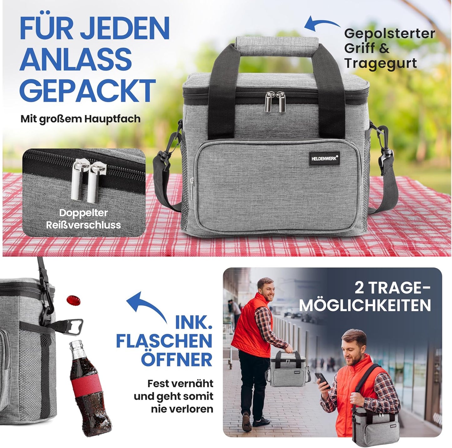 HELDENWERK Koeltas Klein & Opvouwbaar – 10 Liter Thermische Lunchtas – Geïsoleerd, Waterdicht & Lekvrij – Koeltas - Brunch- en Lunchtas – Lichtgrijs