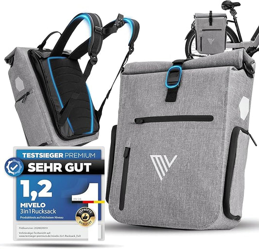 MIVELO - 3-in-1 Fietstas & Rugzak - 25 l Inhoud - TPU - Grijs - Met Laptopvak & Schouderband - Voor Bagagedrager