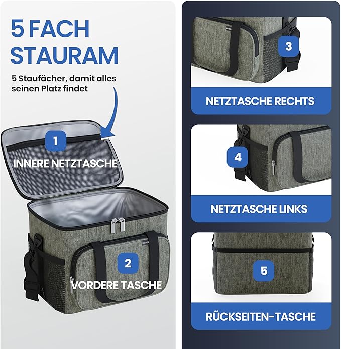 HELDENWERK Grote koeltas, opvouwbaar, geïsoleerde koelbox, thermotas, lekvrij en waterdicht, picknicklunchtas, ontbijttas, thermotas, isoleertas - Olijfgroen