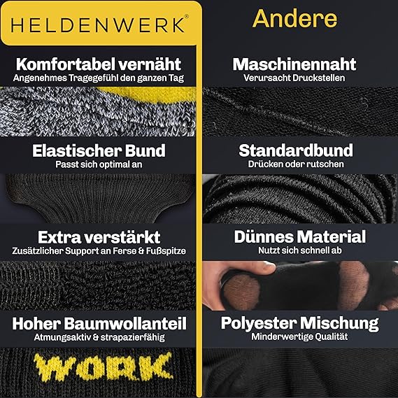 HELDENWERK 10 paar werksokken voor heren, premium | versterkte werksokken van ademend katoen | robuuste werksokken met comfortabele tailleband - Maat 35-38