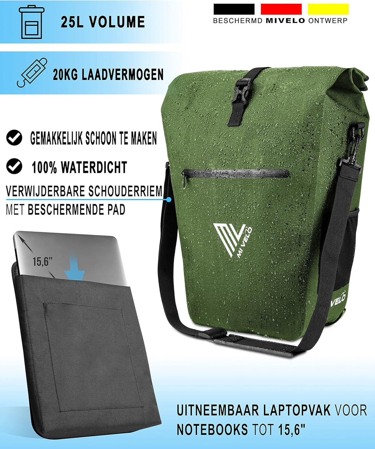 MIVELO Waterdichte Fietstas 3-in-1 – Met Laptopvak & Schouderriem – 25L – Olijfgroen
