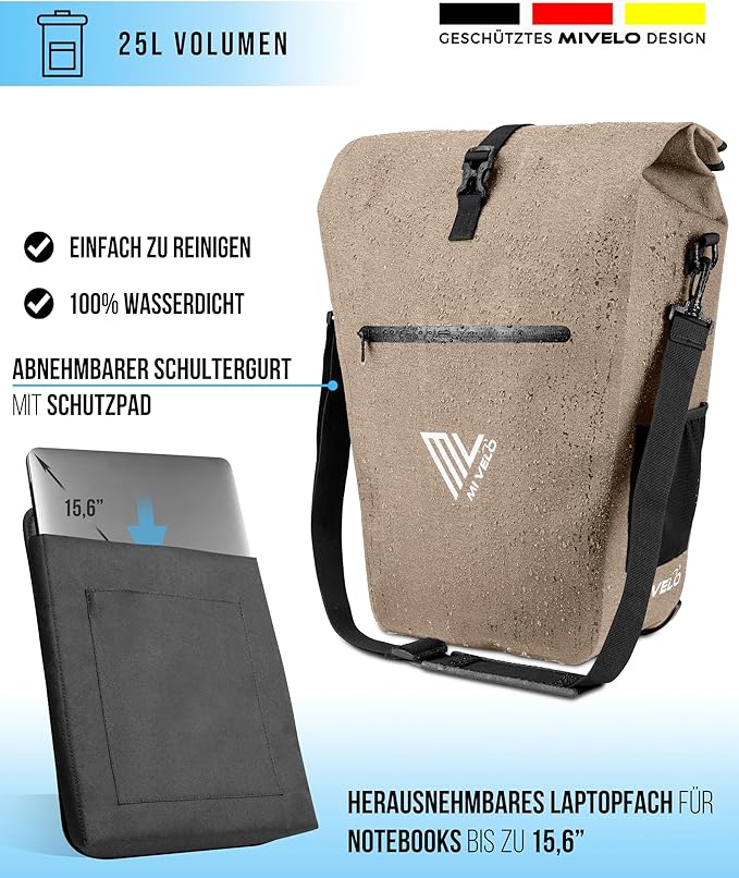 MIVELO Fietstas – Waterdicht & Incl. Laptopvak & Fietsslot – 25 liter – Sandbeige
