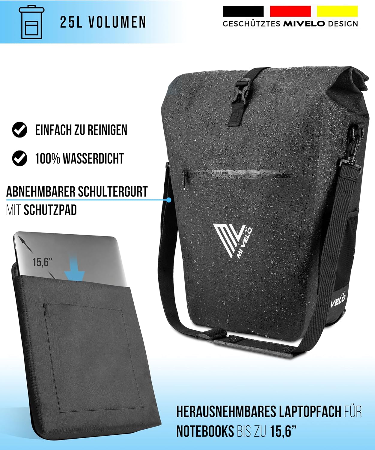 MIVELO Fietstas – Waterdicht – 25L – Met Laptopvak & Schouderriem – Zwart