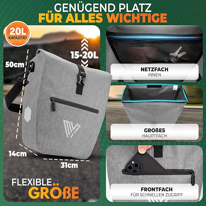 MIVELO Fietstas – Waterdicht & Incl. Schouderband & Laptopvak – 20 liter – Grijs