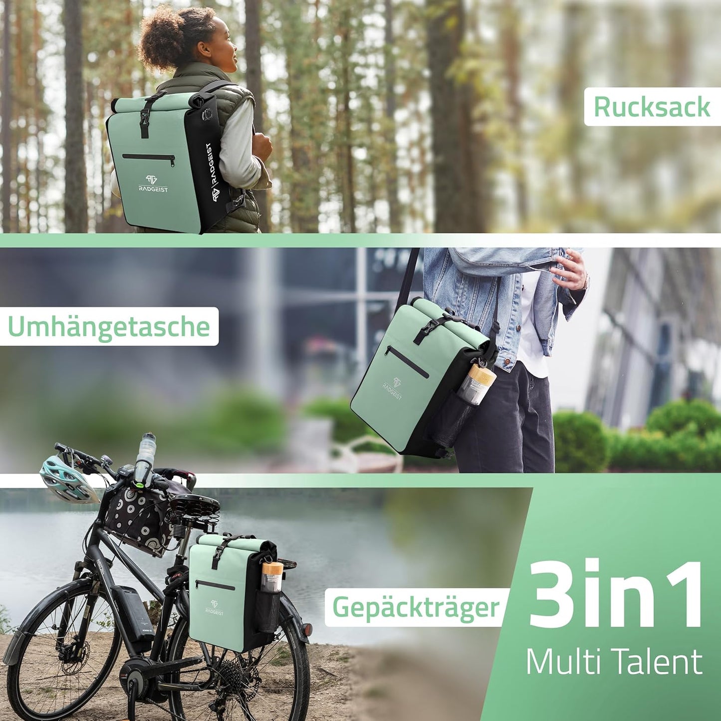 RADGEIST 3in1 fietstas voor bagagedrager - fietsrugzak - draagtas - schoudertas - met laptopvak - waterdicht - 25L - Mint