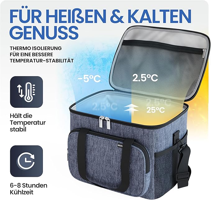 Heldenwerk Grote opvouwbare koeltas – Geïsoleerde koelbox, thermotas, lekvrij en waterdicht – Picknick- en lunchtas – 30 L – Donkergrijs