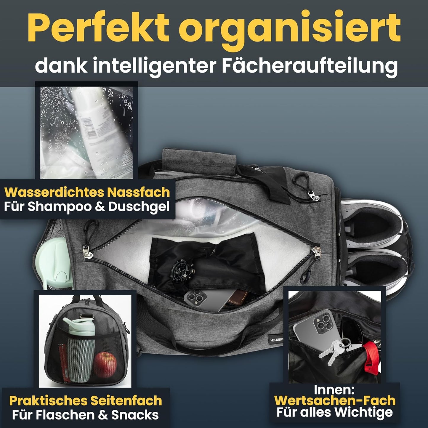 Heldenwerk Sporttas met schoenenvak en nat vak, trainingstas voor dames en heren, ideaal als reistas, fitnesstas, trainingstas of sporttas, grijs, Sporttas met schouderriem