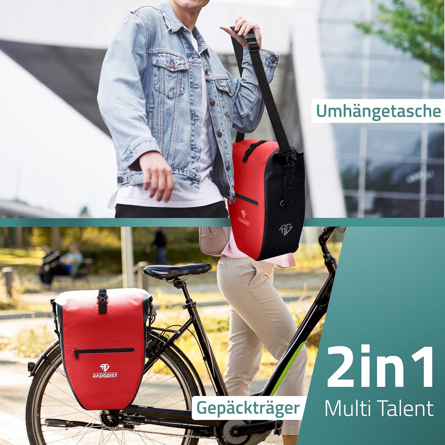 RADGEIST - Fietstas Bagagedragertas - 28 L - Rood Zeildoek - Waterdicht met Laptopvak - Sportief & Functioneel - Inclusief Schouderriem & Reflectoren