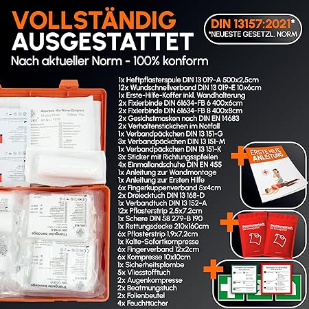 Eerste hulp doos volgens nieuwe DIN 13157:2021 incl. wandhouder en stickers | universele EHBO-koffer voor bedrijf, huishouden of horeca - kantoorverbanddoos gevuld, sanitaire doos