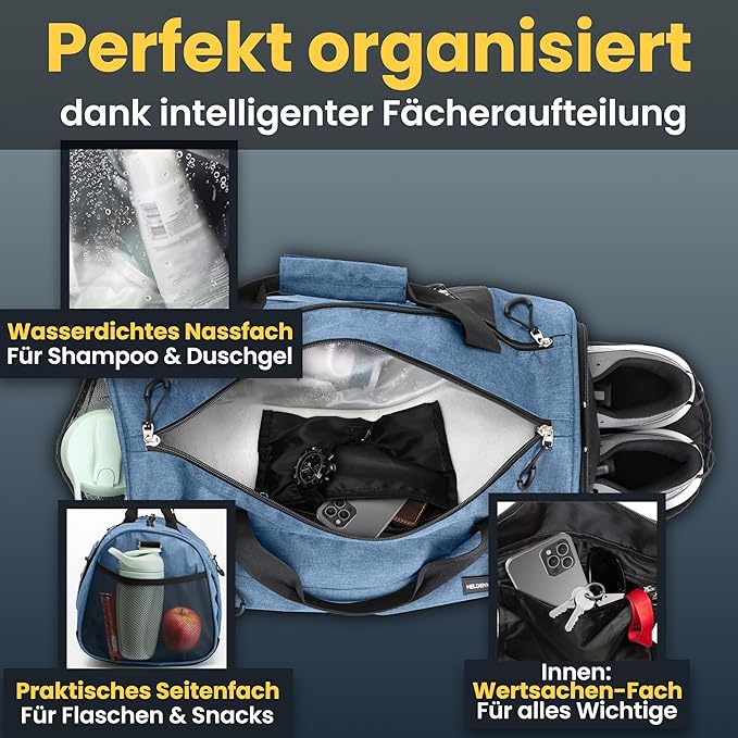 Heldenwerk Sporttas met schoenenvak en natvak – Trainingstas voor dames en heren – Reistas, fitnesstas of sporttas – 48 x 36 x 25 cm - 30L - Donkerblauw