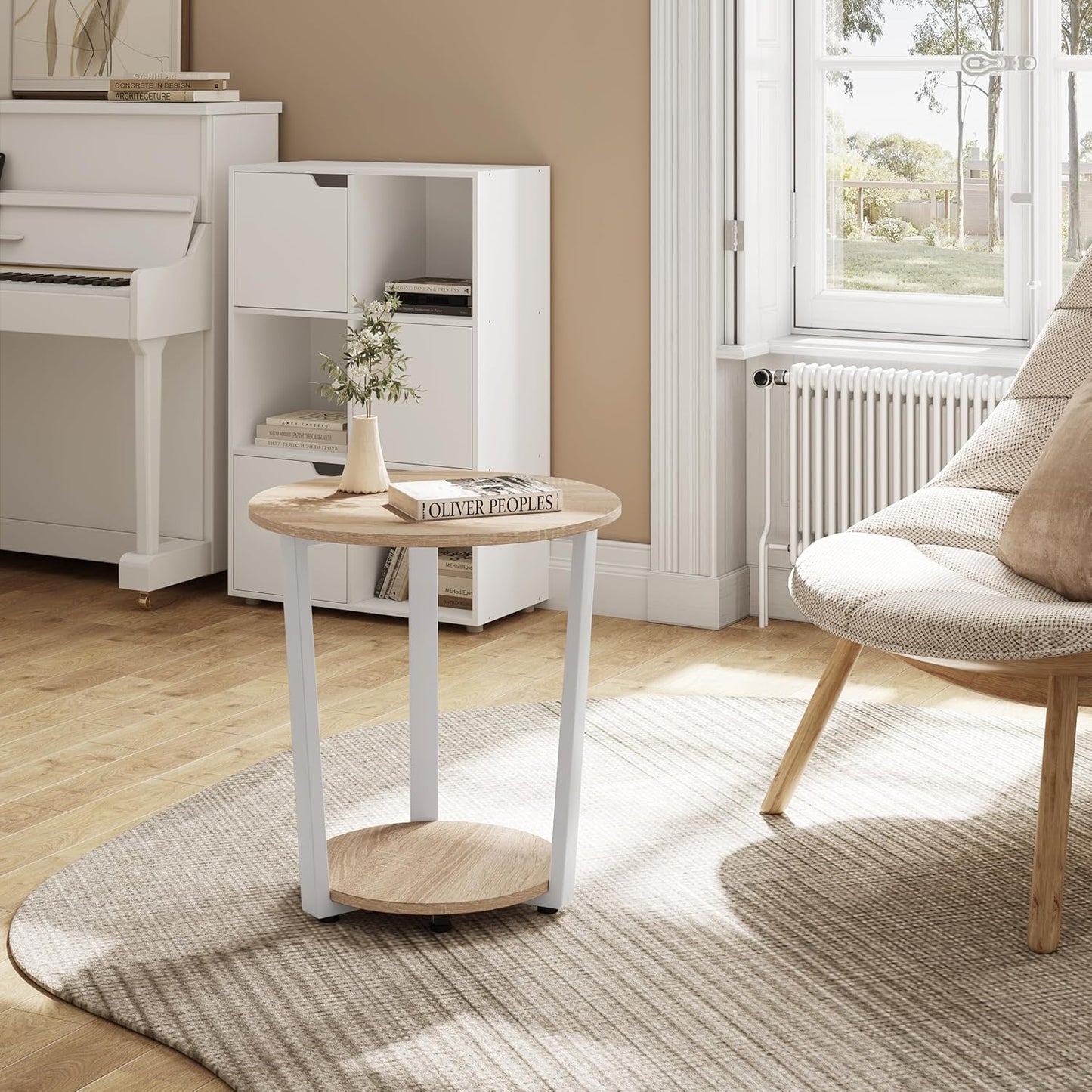 Woltu ronde salontafel - 50x50x53 cm - licht eiken – bijzettafel met 2 legplanken en opbergruimte