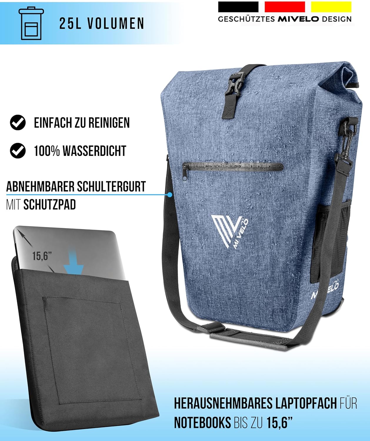 MIVELO Waterdichte Fietstas - 25L - Met Laptopvak en Schouderriem - Jeansblauw