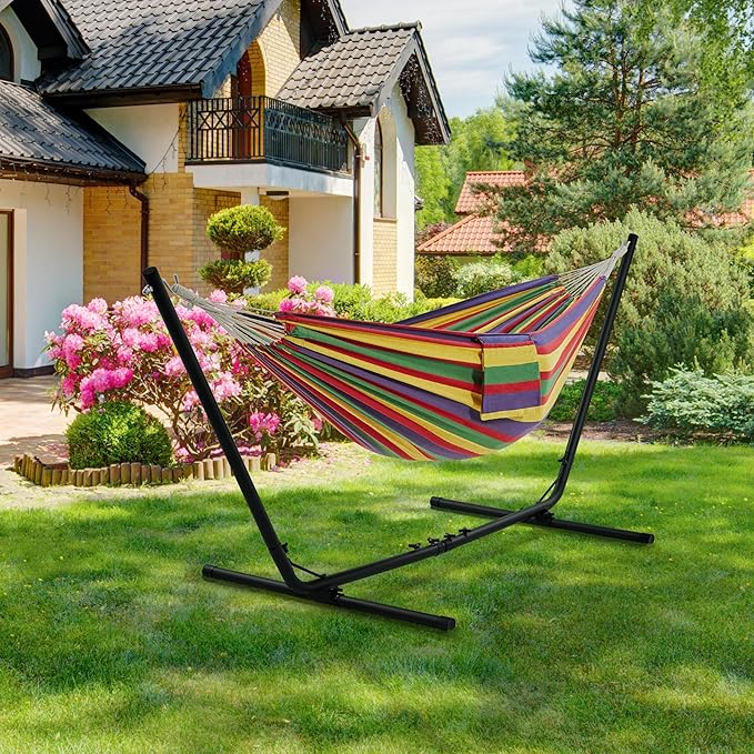 Yaheetech Hangmat met Standaard 294–314 cm – Regenboogstrepen – Verstelbare 2-Persoons Tuinhangmat met Draagtas tot 205 kg
