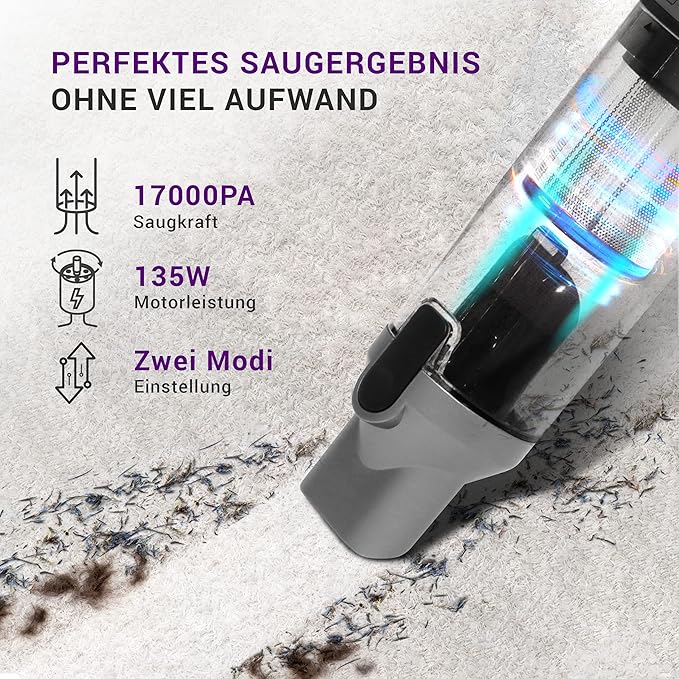 LEBENLANG Draadloze Stofzuiger - Accu - 17000PA - 135W - Sterke Lithiumbatterij - Inclusief Oplaadstation - Grijs
