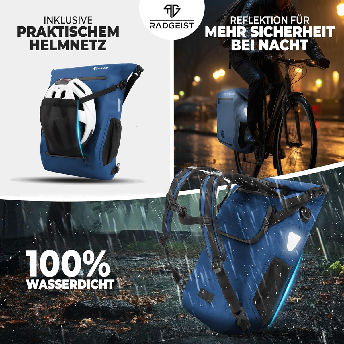 RADGEIST 3in1 fietstas voor bagagedrager I fietstas, rugzak & schoudertas 18-22L I tas voor fiets 100% waterdicht Blauw