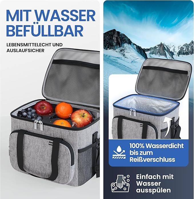HELDENWERK Grote koeltas, opvouwbaar, geïsoleerde koelbox, thermotas, lekvrij en waterdicht, picknicklunchtas, ontbijttas, thermotas, isoleertas - Grijs