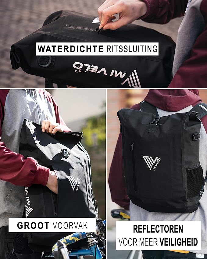 Mivelo 3 in 1 fietstas - fietsrugzak - schoudertas waterdicht 100% PVC-vrij, met laptopvak, bagagedragertas voor alle soorten fietsdragers - Zwart