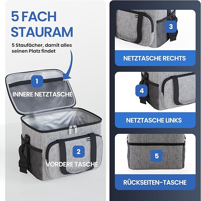 HELDENWERK Grote koeltas, opvouwbaar, geïsoleerde koelbox, thermotas, lekvrij en waterdicht, picknicklunchtas, ontbijttas, thermotas, isoleertas - Grijs
