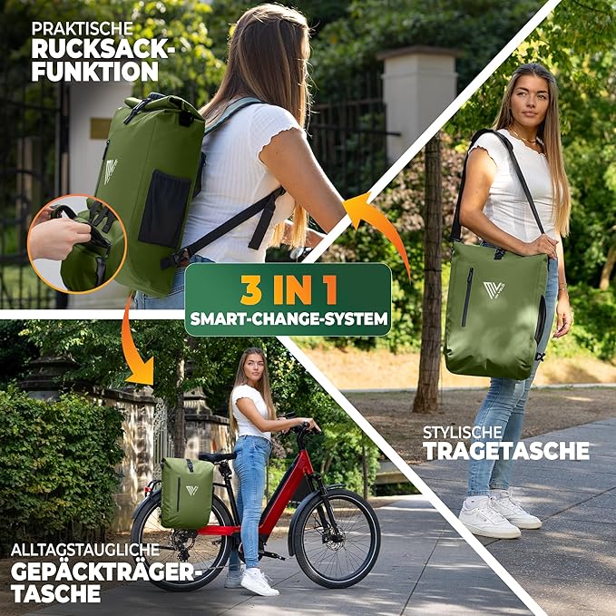 MIVELO – 3-in-1 Waterdichte Fietstas met Laptopvak – Olijfgroen – 20L