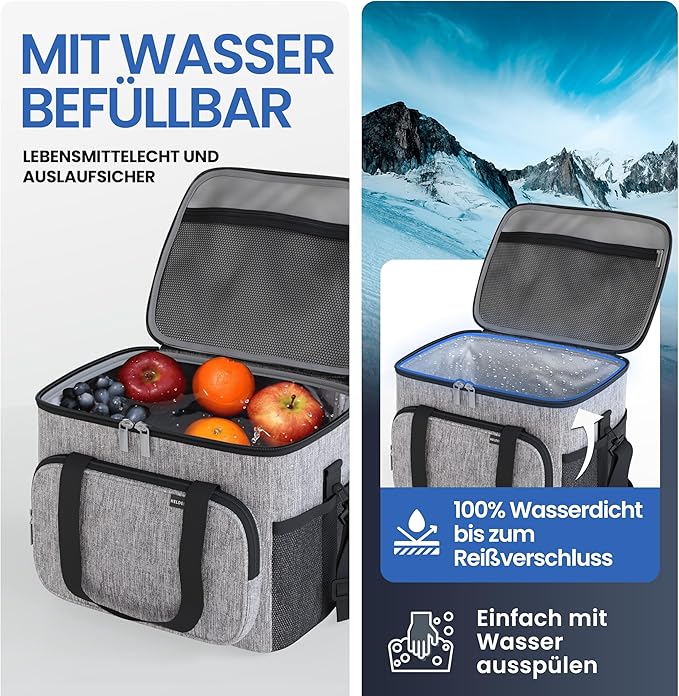 HELDENWERK Grote koeltas, opvouwbaar, geïsoleerde koelbox, thermotas, lekvrij en waterdicht, picknicklunchtas, ontbijttas, thermotas, isoleertas - 30 L