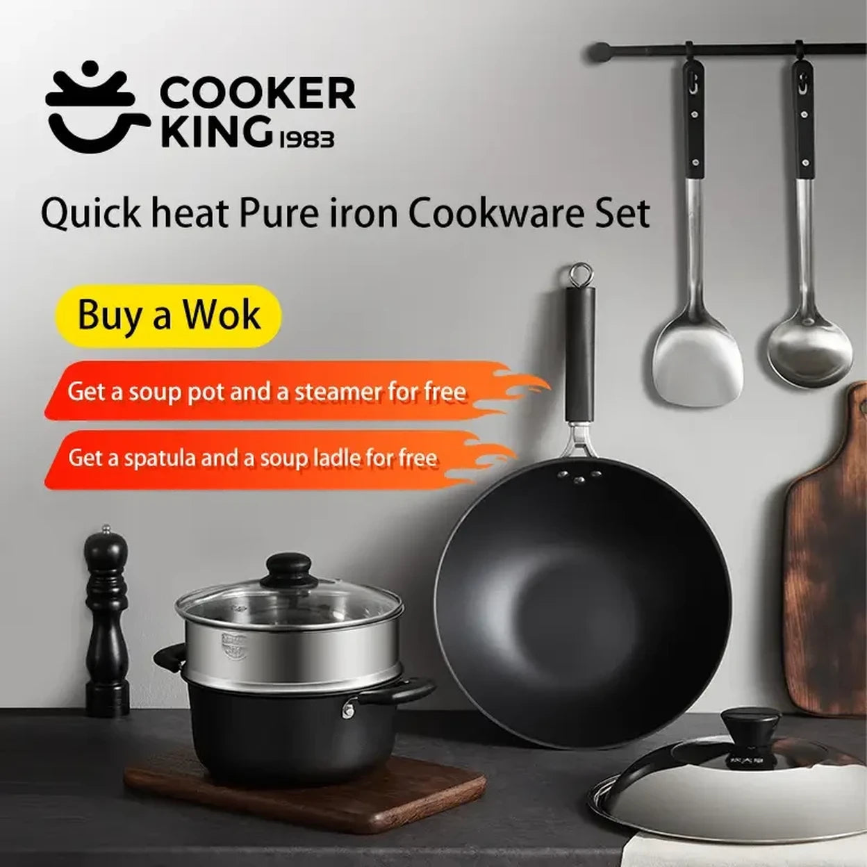 Cooker King Pannenset 5-delig - Gietijzeren Wok 4,5 L - Aluminium Kookpan 3 L - RVS Stoominzet - 2 Spatels