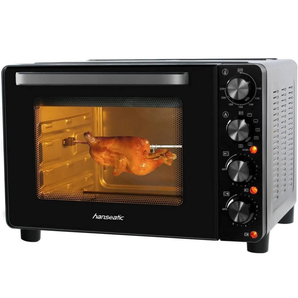 Hanseatic – Multi-Oven met 2 Keramische Kookplaten – 28 Liter & 3100 Watt – Met Boven- en Onderwarmte & Grillfunctie – Compacte Bakoven – Zwart Metaal & Glas