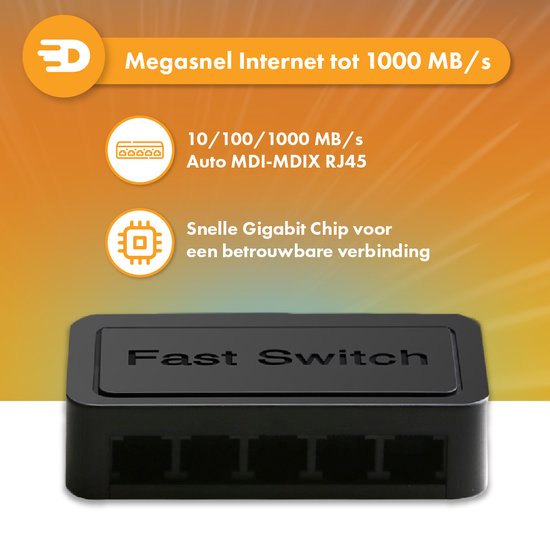 Drivv. Netwerk Switch - Tot 1000Mbps - 5 Poorten - Internet Switch - RJ45 splitter - zwart