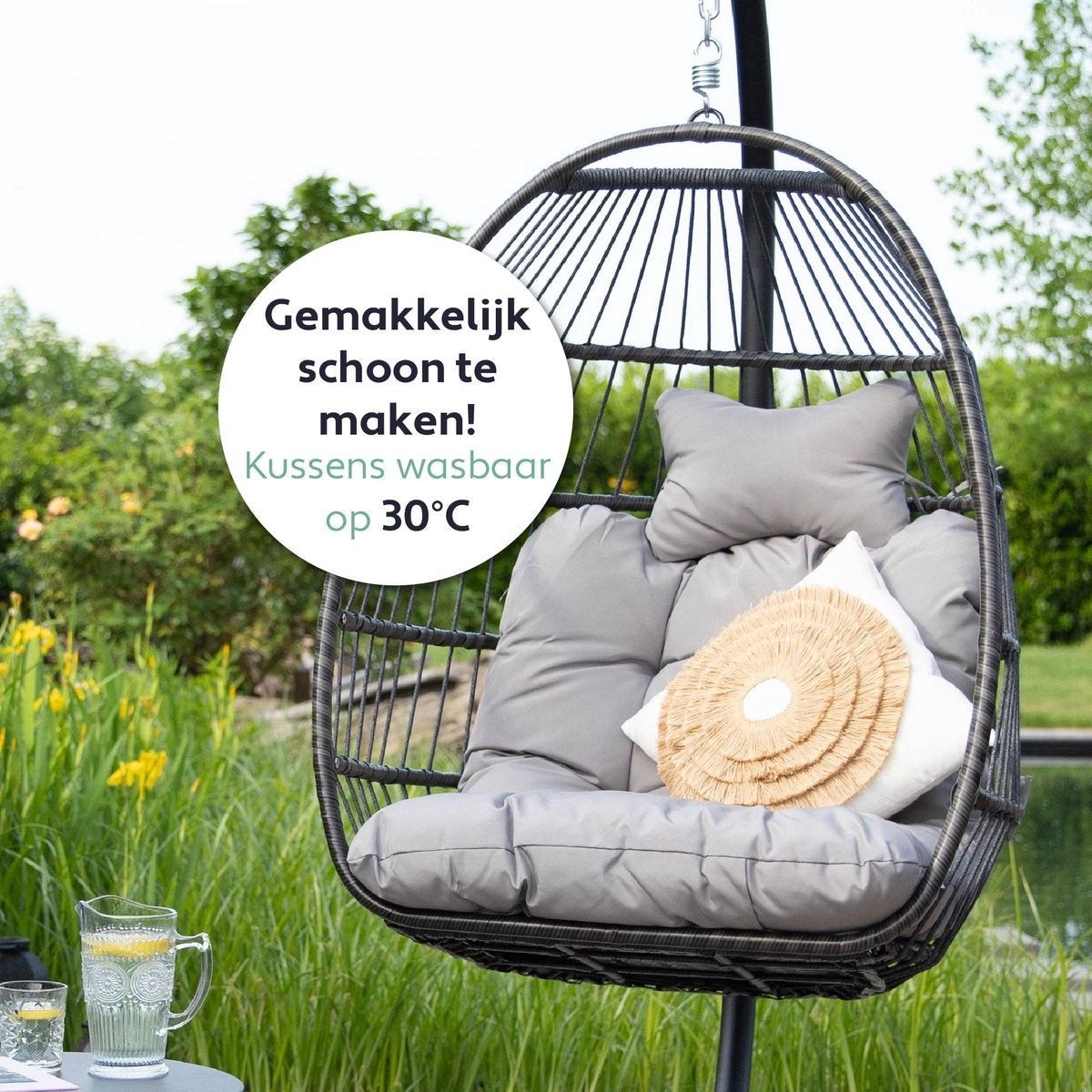 Vita5 Egg Hangstoel – Met Standaard – Binnen en Buiten – Cocoon Stoel - Opvouwbaar - Tot 150kg – Incl. Kussen – Lichtgrijs