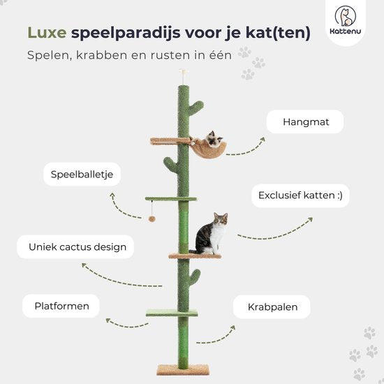 Kattenu CactusTower - Hoge Krabpaal plafond - Verstelbaar van 229 - 275 cm - Groen - Plafond krabpaal voor katten