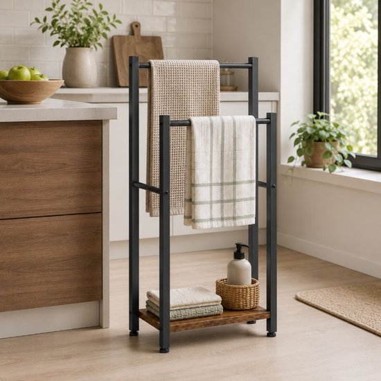 Handdoekenrek Vrijstaand – 2 Handdoekstangen – Metaal-MDF – Badkamerrek – 80 cm