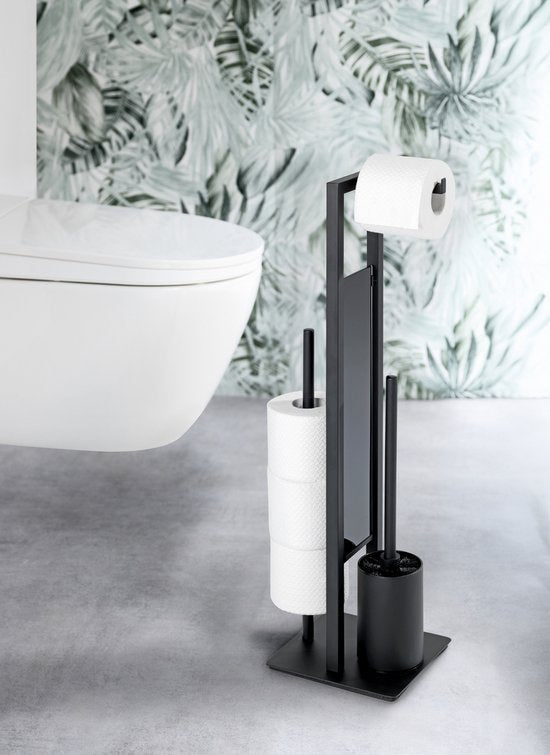 WENKO Toiletbutler Rivalta zwart - Toiletborstel met houder, Toiletrolhouder en Reserverolhouder vrijstaand