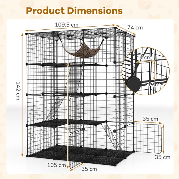Ruime 4-laagse kattenkooi 143 cm hoog – Zwarte metalen draadkooi met hangmat, plateaus en ladders voor katten en kleine huisdieren