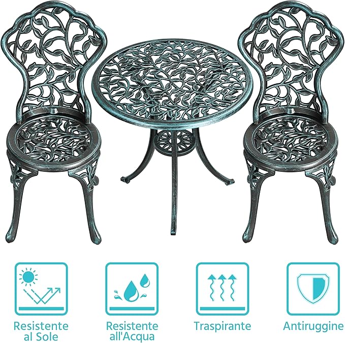 Yaheetech Bistroset 3-delig – Groen – Metalen Tuinset met 2 Stoelen en Tafel